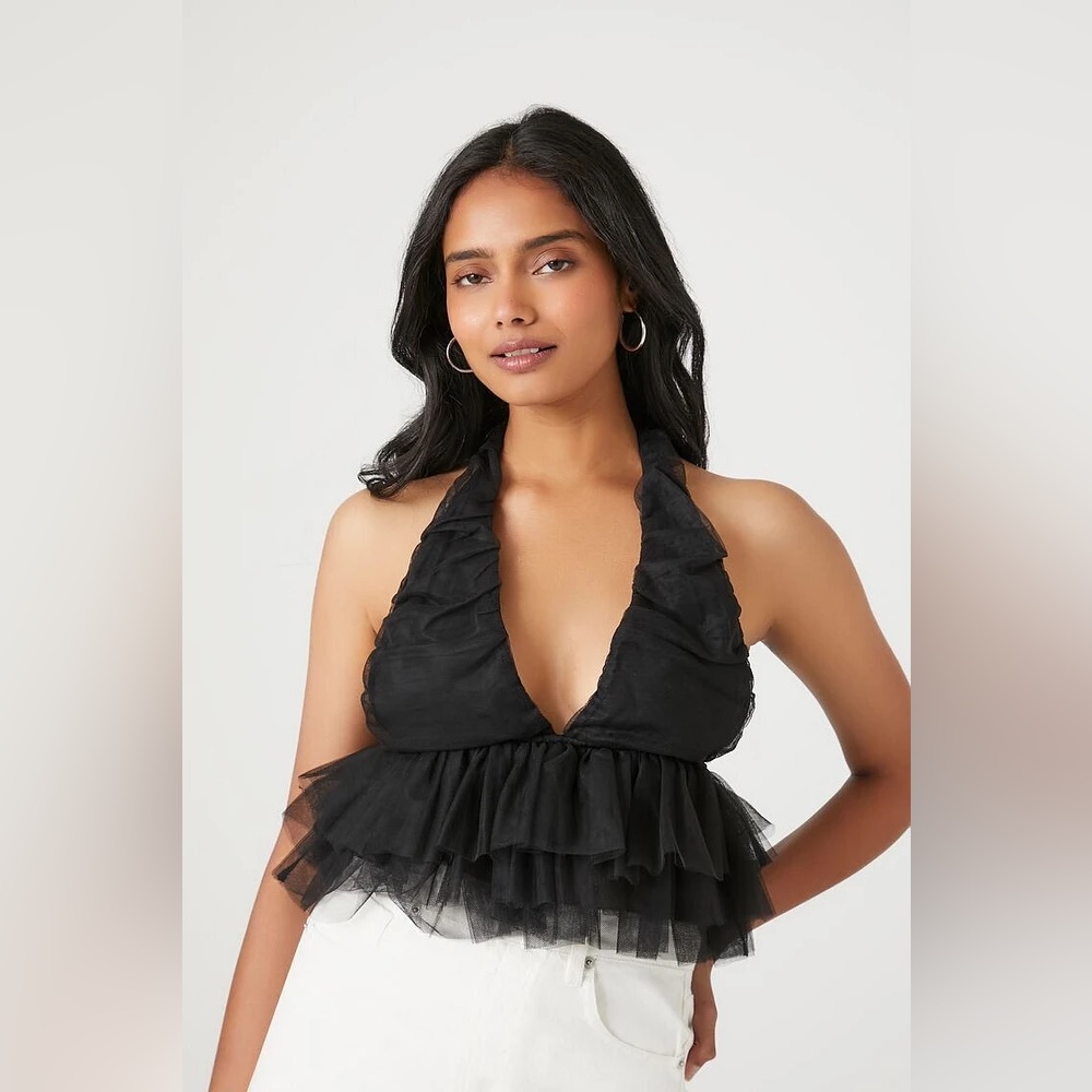 Julia -🖤🖤🖤 Black Halter Mesh Ruffle Cropped Top - Size Large - NWT